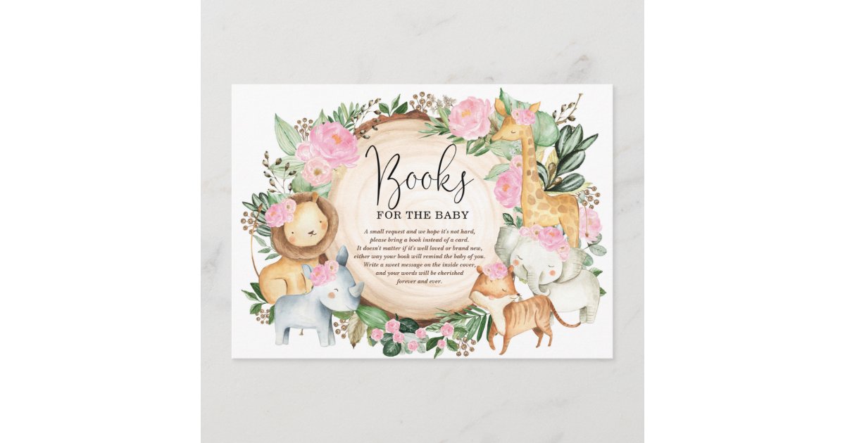 Pink Floral Jungle Safari Bring a Book Baby Girl Enclosure Card | Zazzle