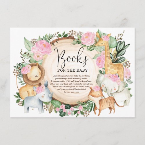Pink Floral Jungle Safari Bring a Book Baby Girl Enclosure Card