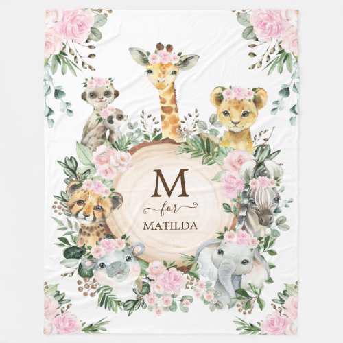 Pink Floral Jungle Safari Wild Animals Baby Girl Fleece Blanket