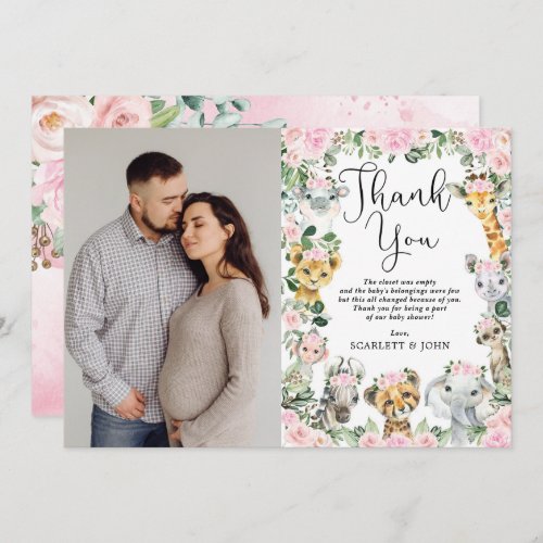 Pink Floral Jungle Wild Animals Baby Shower Photo Thank You Card