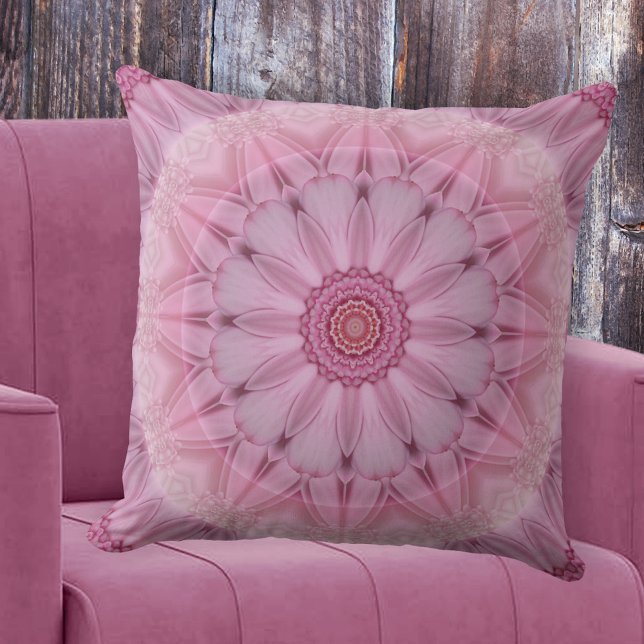 Pink Floral Kaleidoscope Romantic Pillow (A lovely romantic pillow featuring a pink retro floral mandala or kaleidoscope pattern)