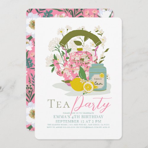 Pink Floral Kettle Lemon Tea Party Girl Birthday Invitation