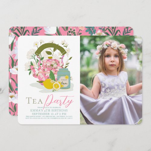 Pink Floral Kettle Lemon Tea Party Girl Birthday Invitation