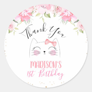 Pink Floral Kitten Face and Bow Birthday Classic Round Sticker