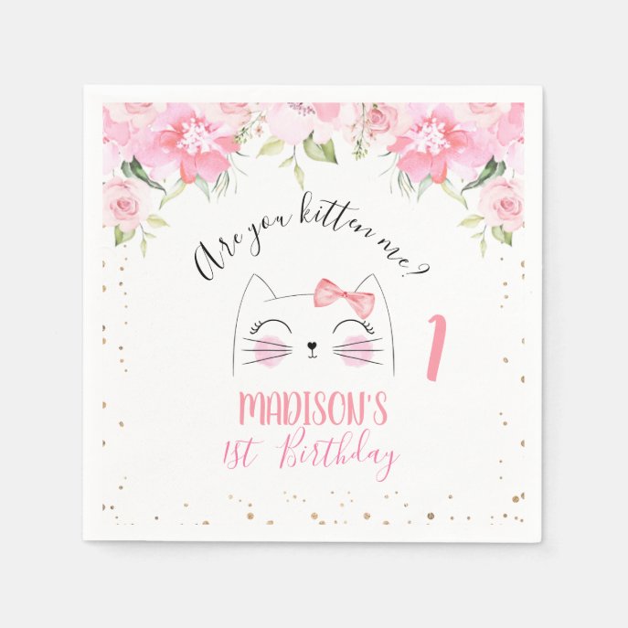 Pink Floral Kitten Face and Bow Birthday Napkins
