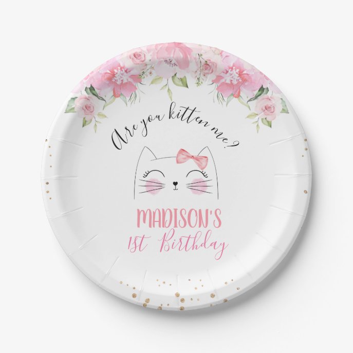 Pink Floral Kitten Face and Bow Birthday Paper Plate