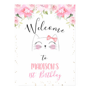 Pink Floral Kitten Face and Bow Birthday Welcome P Poster