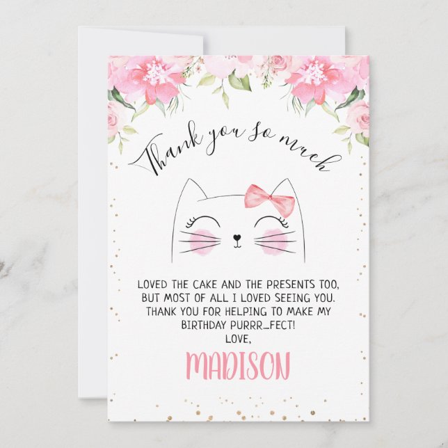 Pink Floral Kitten Face Birthday Thank You Card (Front)