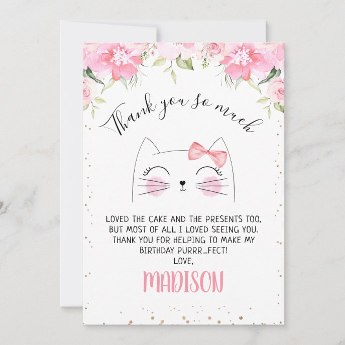 Pink Floral Kitten Face Birthday Thank You Card