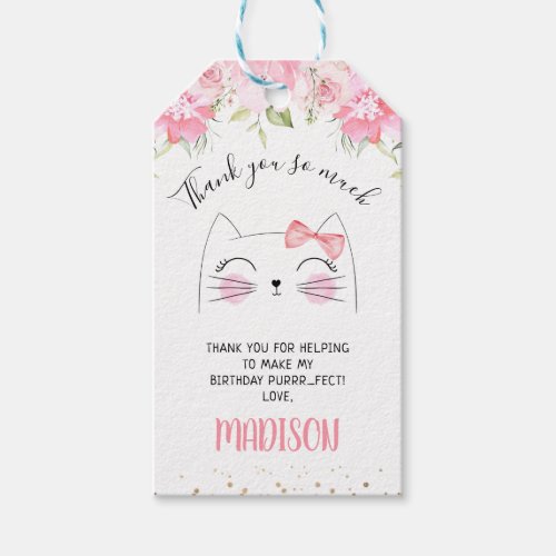 Pink Floral Kitten Face Birthday Thank You Gift Tags