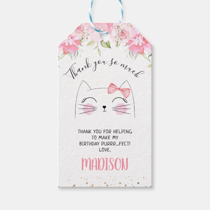 Pink Floral Kitten Face Birthday Thank You Gift Tags