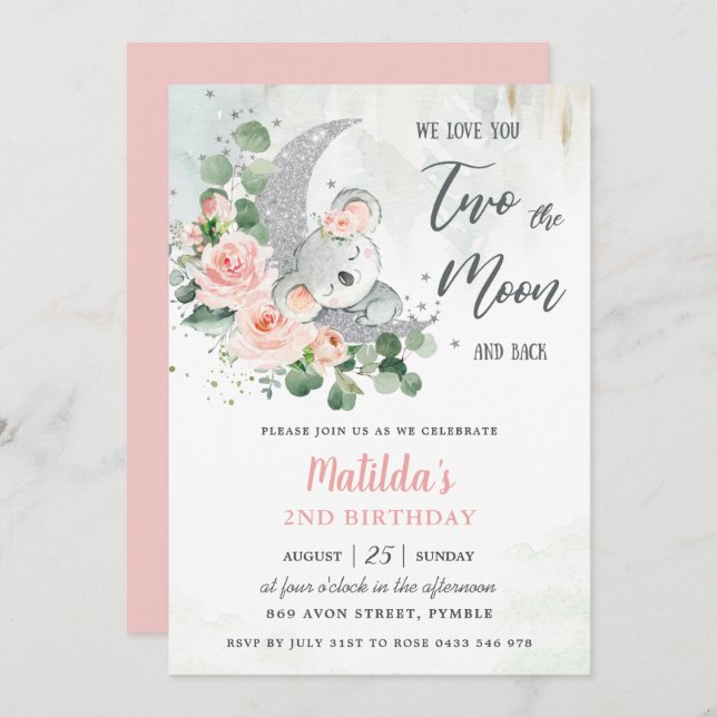 Pink Floral Koala Bear 2nd Birthday Crescent Moon  Invitation (Front/Back)