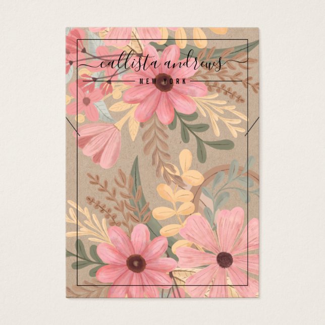 Pink Floral Kraft Cursive Necklace Display Card (Front)