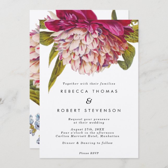 pink floral kraft vintage boho wedding invitation (Front/Back)