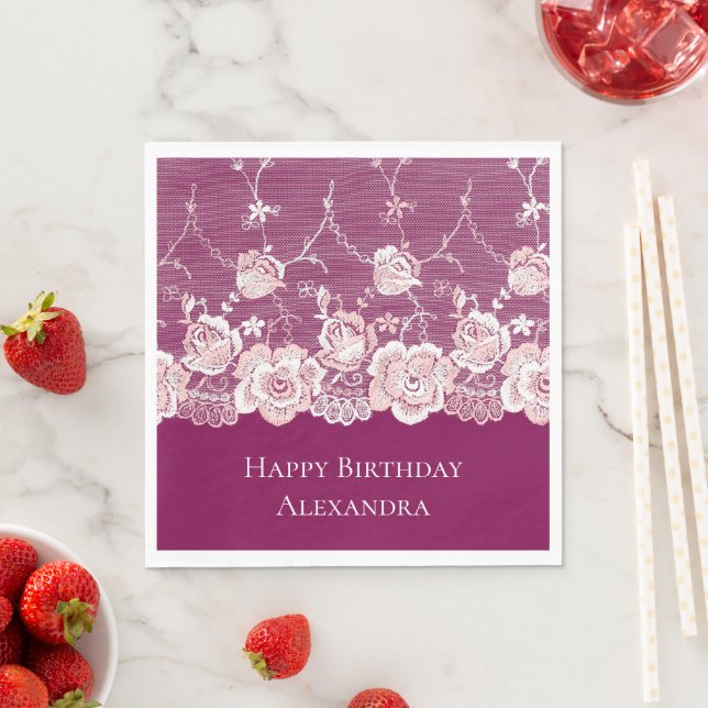 Pink Floral Lace Birthday Napkins (Insitu)