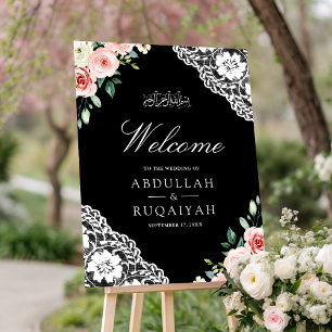 Pink Floral Lace Black Muslim Wedding Welcome Sign