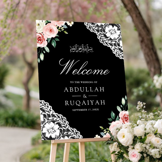 Pink Floral Lace Black Muslim Wedding Welcome Sign (Creator Uploaded)