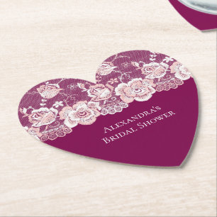 Pink Floral Lace Bridal Shower Paper Coaster