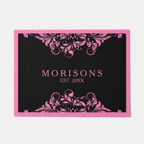 Pink Floral Lace Frame  Black Damasks Doormat