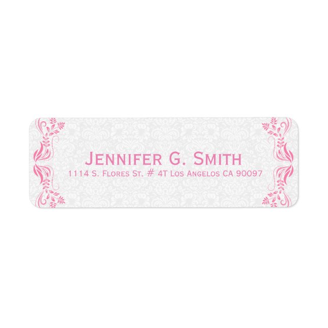 Pink Floral Lace Frame White Damasks Background Label (Front)