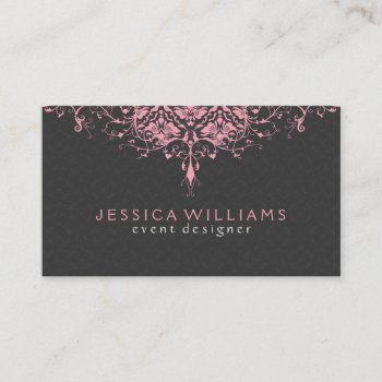 Pink Floral Lace On Gray Damasks Business Card by artOnWear at Zazzle