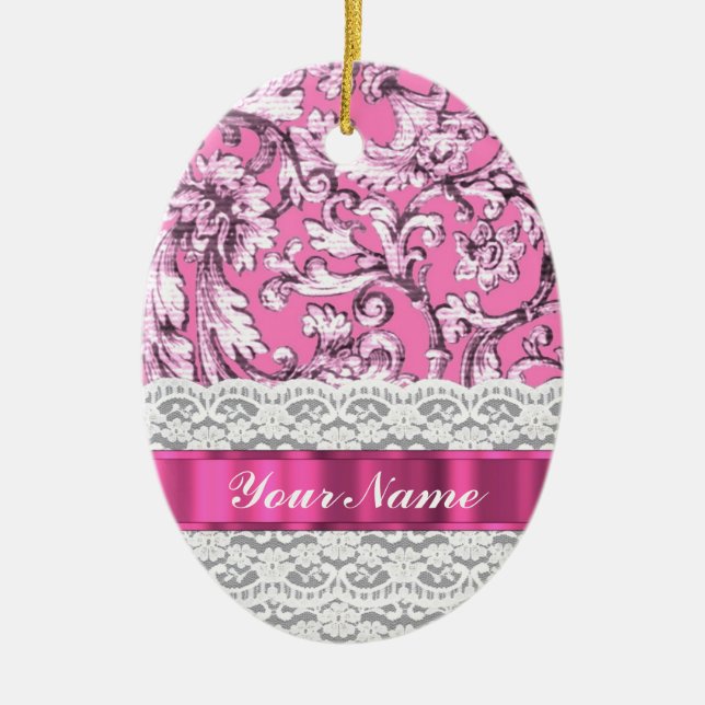 Pink floral lace pattern ceramic ornament (Front)