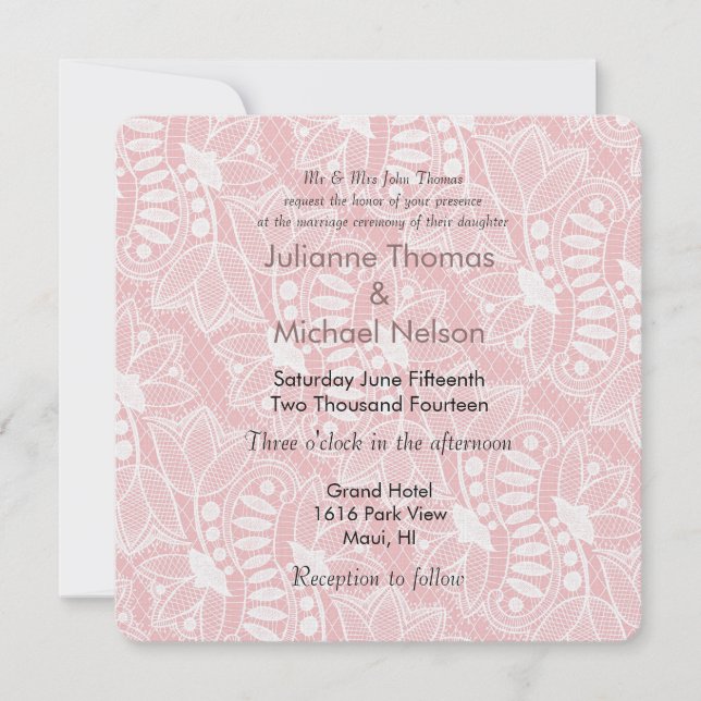 Pink Floral Lace Wedding Invitation (Front)
