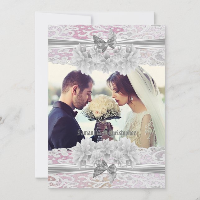 Pink floral lace wedding photo invitation (Back)