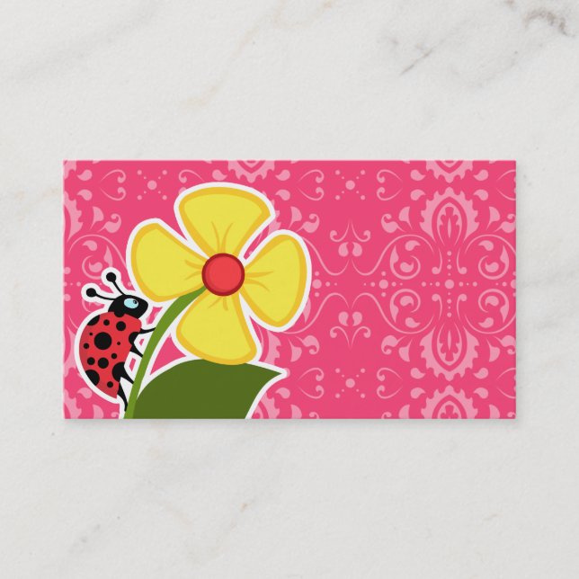 Pink Floral; Ladybug Business Card (Front)