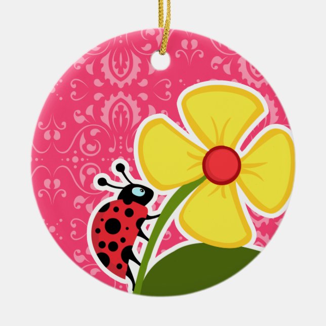 Pink Floral; Ladybug Ceramic Ornament (Front)