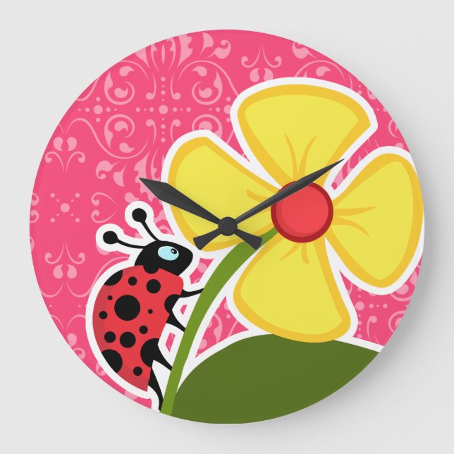 Pink Floral; Ladybug Large Clock (Front)