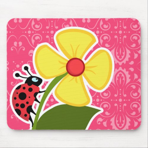 Pink Floral Ladybug Mouse Pad