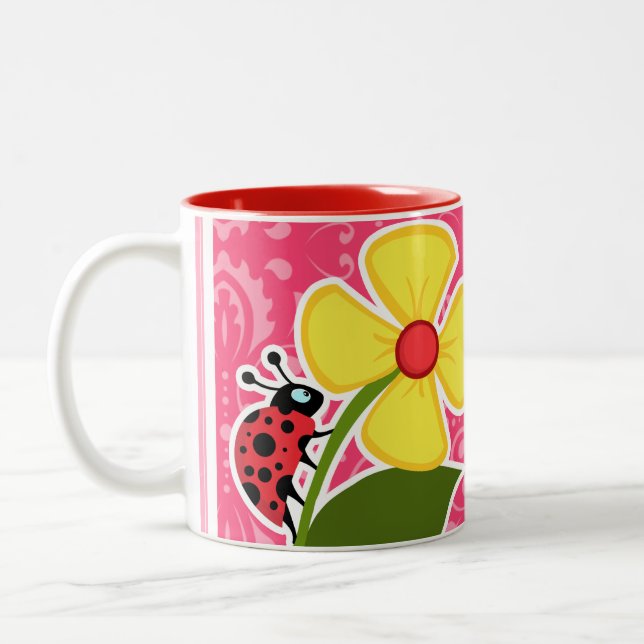 Pink Floral; Ladybug Two-Tone Coffee Mug (Left)
