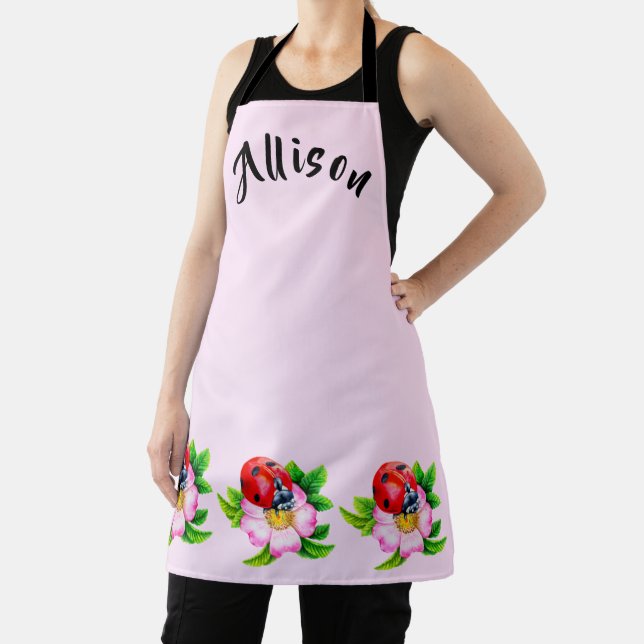Pink Floral Ladybug Women's Name Apron (Insitu)