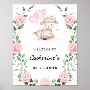 Pink Floral Lamb Easter Girl Baby Shower Welcome Poster