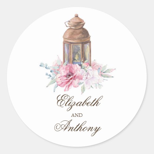 Pink Floral Lantern Elegant Wedding Classic Round Sticker