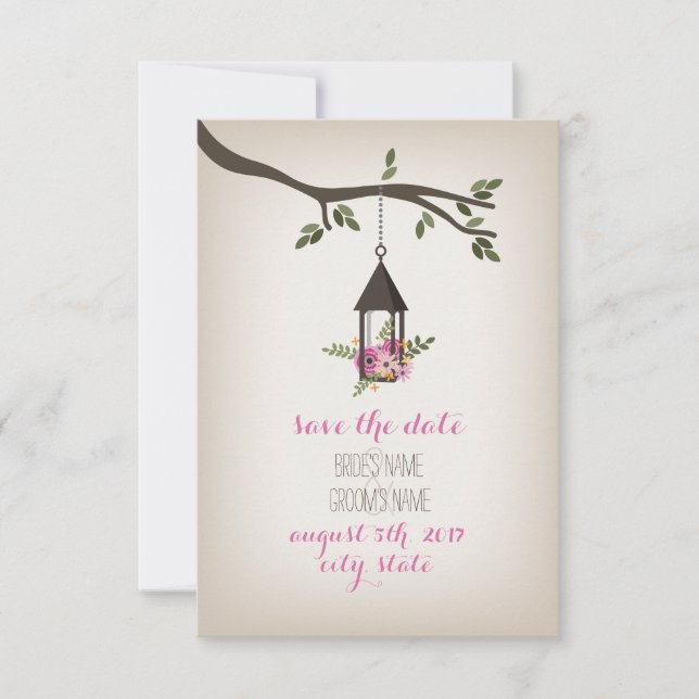 Pink Floral Lantern Tree Save The Date (Front)