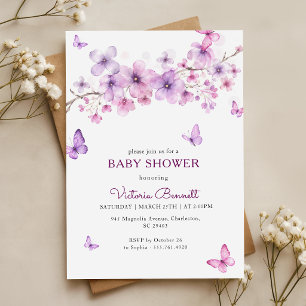 Pink Floral Lavender Butterfly Girl Baby Shower Invitation