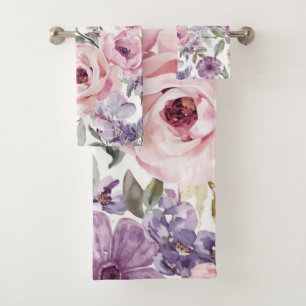 Pink Floral Lavender Rose Watercolor Purple Flower Bath Towel Set