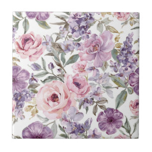 Pink Floral Lavender Rose Watercolor Purple Flower Ceramic Tile