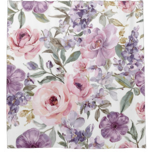 Pink Floral Lavender Rose Watercolor Purple Flower Shower Curtain