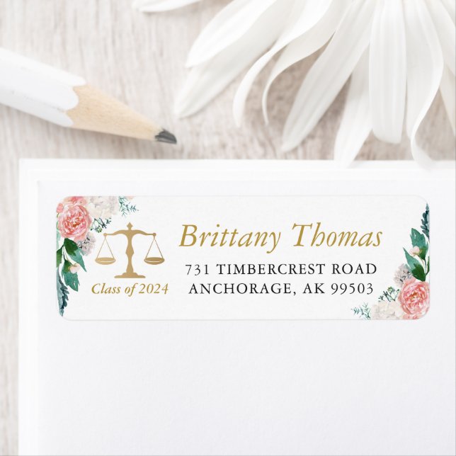 Pink Floral Law School Graduation Return Address Label (Insitu)