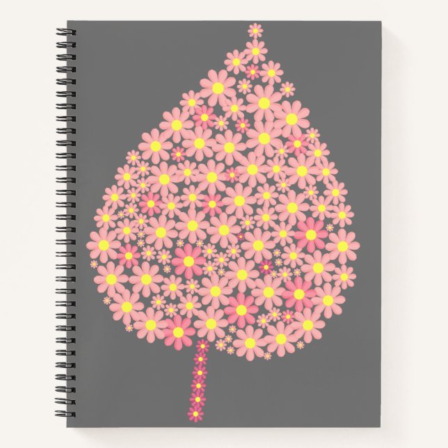 Pink Floral Leaf on Dark Grey Background – Elegant Notebook (Front)