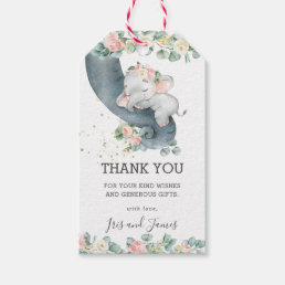 Pink Floral Leafy Elephant Girl Baby Shower Favor Gift Tags