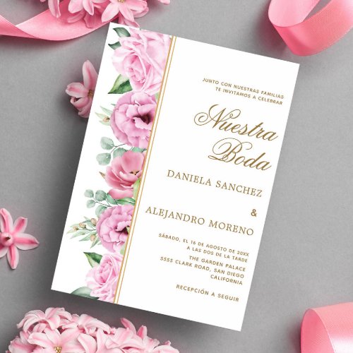 Pink Floral Leaves Nuestra Boda Spanish Wedding Invitation