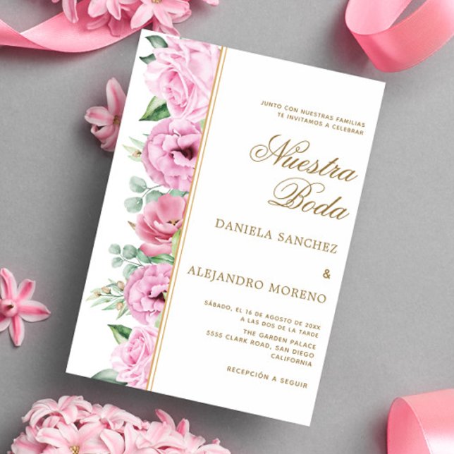 Pink Floral Leaves Nuestra Boda Spanish Wedding Invitation (Creator Uploaded)