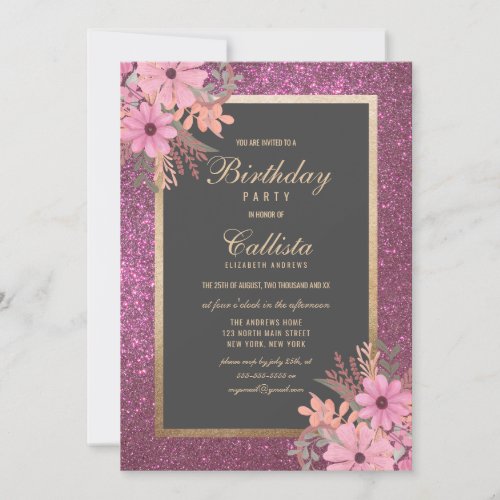 Pink Floral Leaves Watercolor Glitter Birthday Invitation