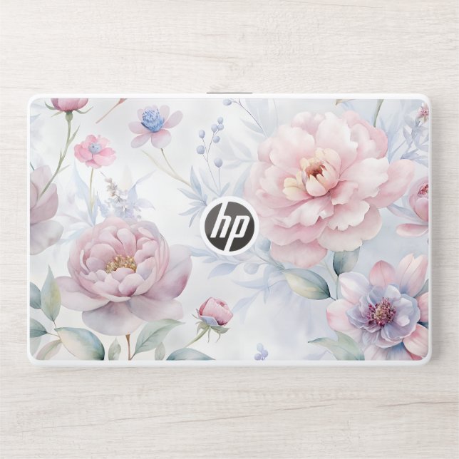 Pink Floral Leaves Watercolor Pattern HP Laptop Skin (Front)