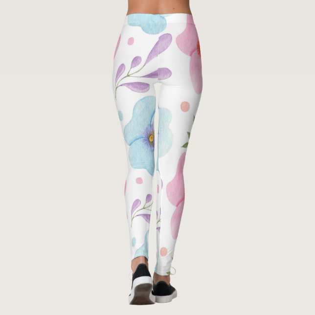 Pink Floral Leggings - White Hipster Yoga Pants (Back)