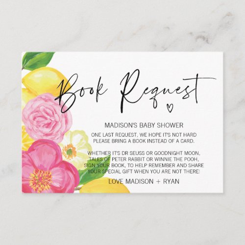 Pink Floral Lemon Baby Shower Book Request Card